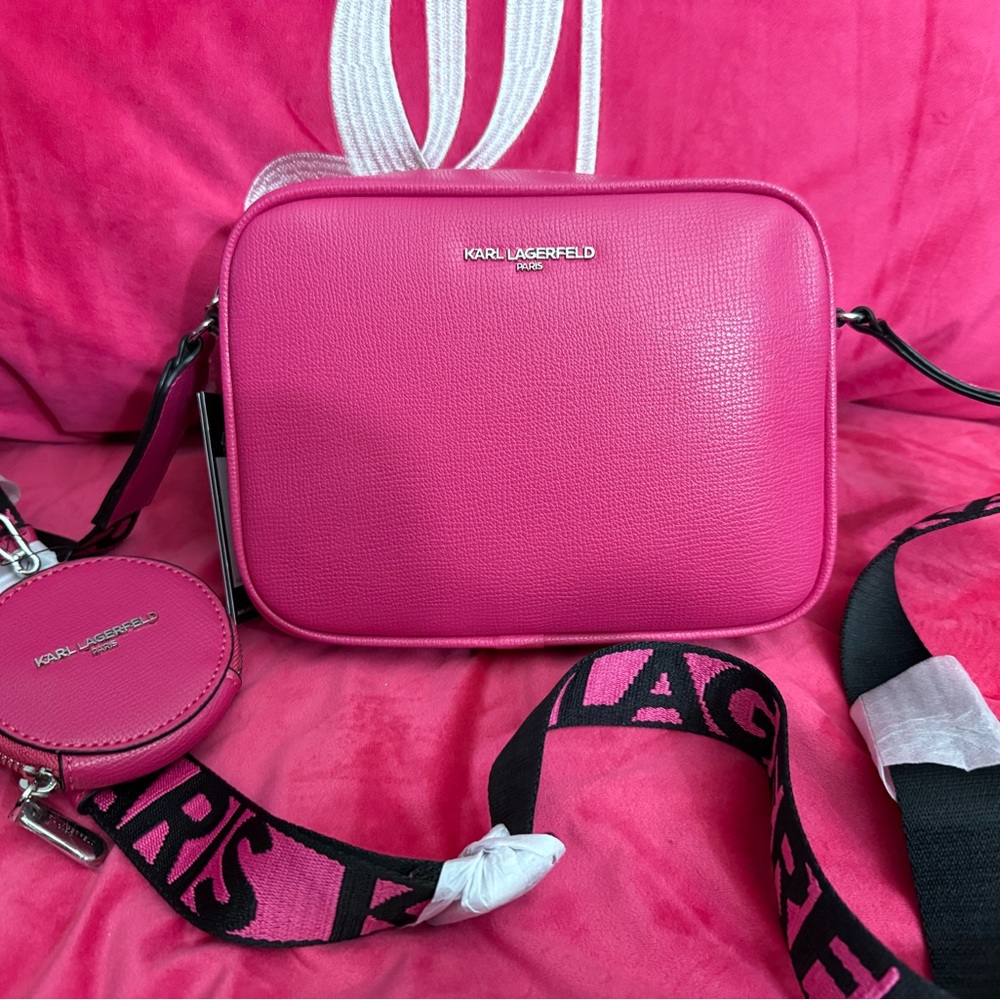Karl Lagerfeld Fuchsia Crossbody Bag with Matching Coin Pouch and Guitar Strap